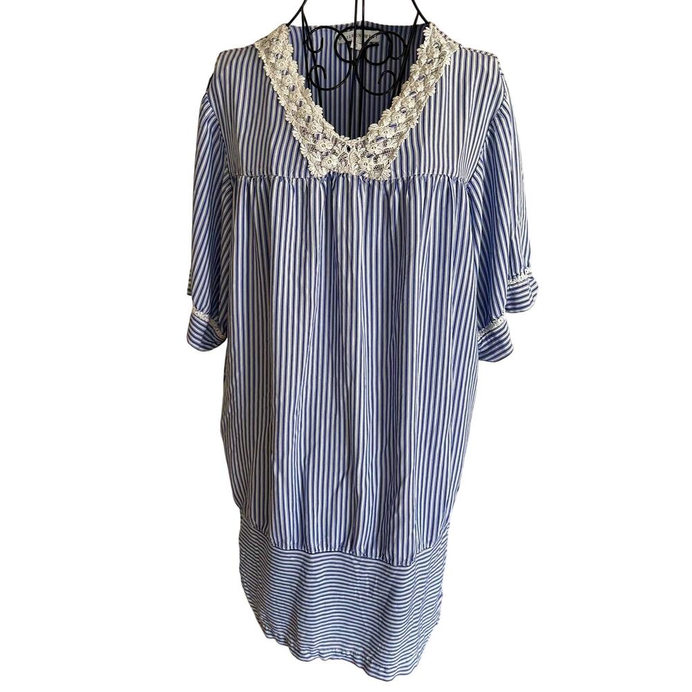 Eileen West Preppy Striped Lace Banded Hem Nightie Sleep Shirt Pajamas Blouson